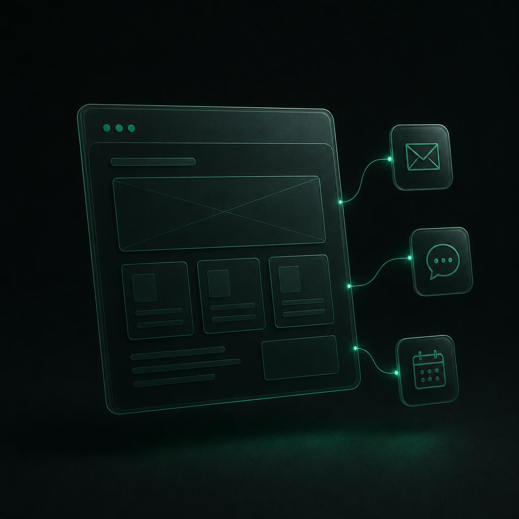 Abstract emerald and charcoal illustration of a website layout connected to automated marketing follow-up steps